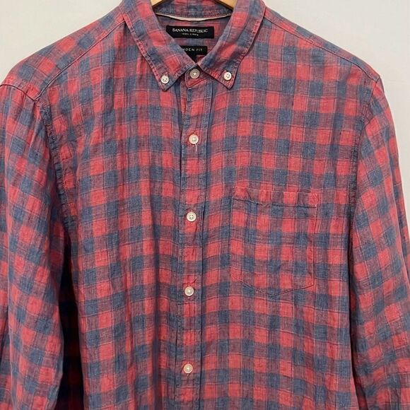 Banana Republic 100% Linen Men’s Long Sleeve Camden Fit Check Button Up Medium - Picture 2 of 8